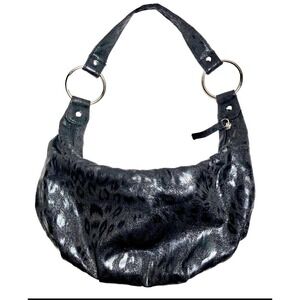 Vtg Y2K Hobo Bag Black Metallic Leopard Fabric Ring Handle Goth Dark Boho Alt